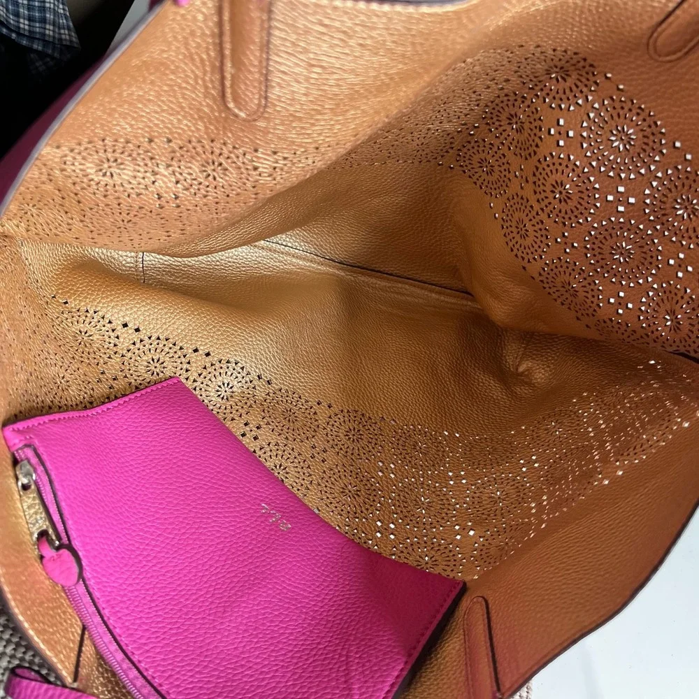 Lauren Ralph Lauren Pink Laser Cut Leather Tote Bag with Gold Interior & Pouch